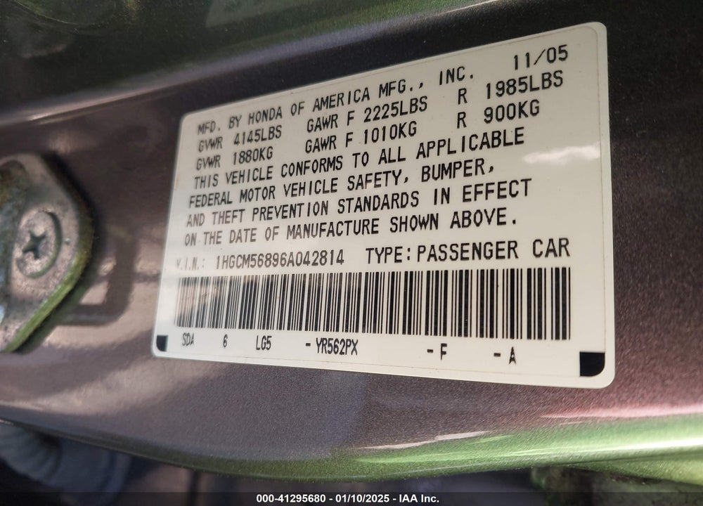 2006 HONDA ACCORD 2.4 EX VIN: 1HGCM56896A042814