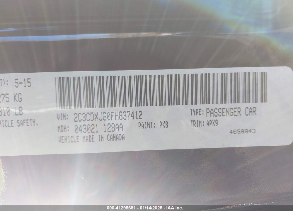 2015 DODGE CHARGER SXT VIN: 2C3CDXJG0FH837412