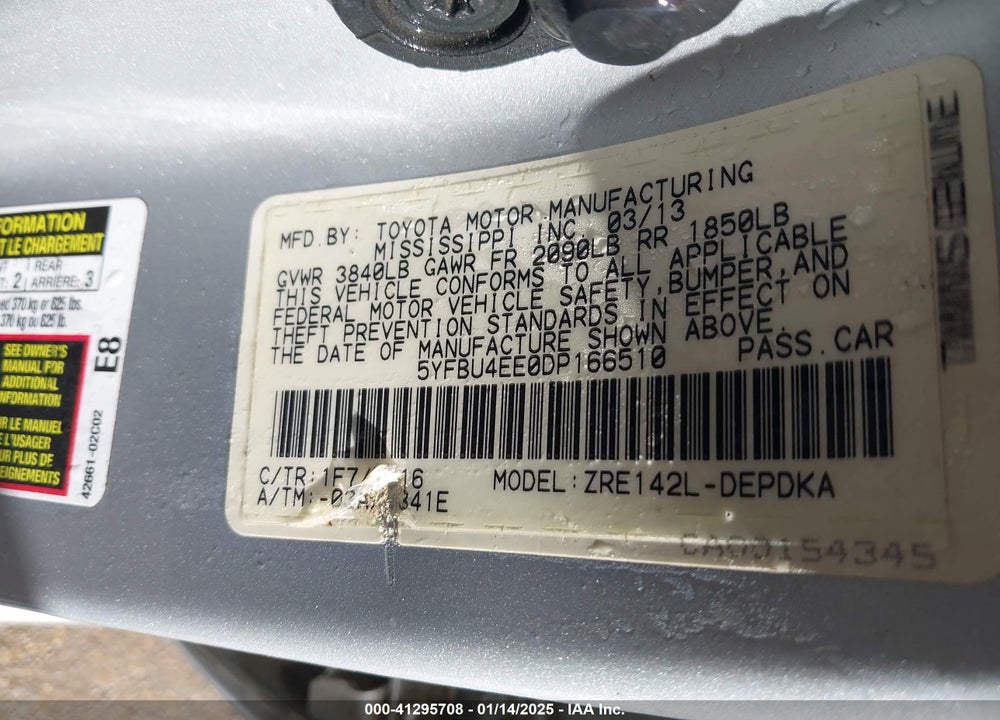 2013 TOYOTA COROLLA VIN: 5YFBU4EE0DP166510