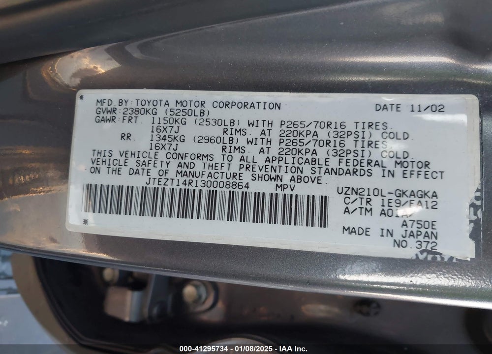 2003 TOYOTA 4RUNNER SR5 V8 VIN: JTEZT14R130008864