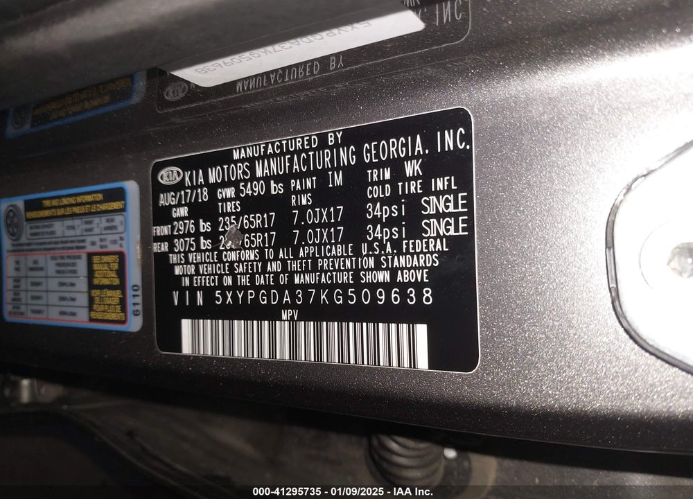 2019 KIA SORENTO 2.4L LX VIN: 5XYPGDA37KG509638