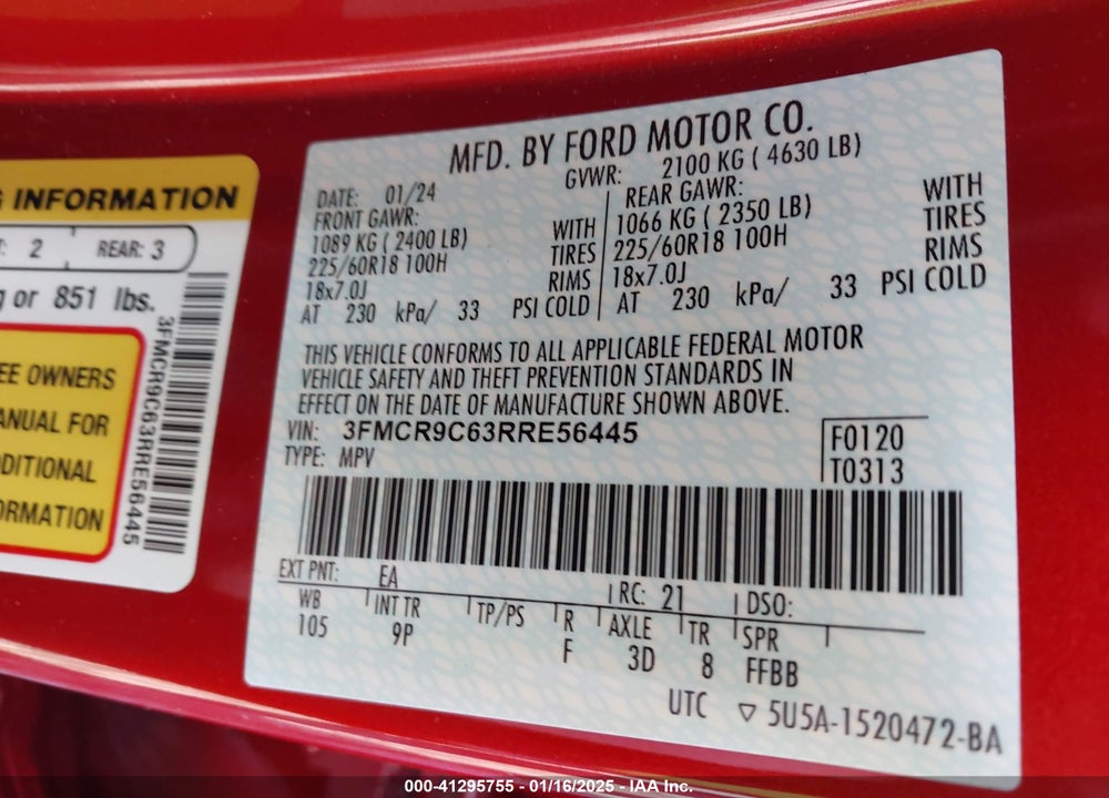 2024 FORD BRONCO SPORT OUTER BANKS VIN: 3FMCR9C63RRE56445