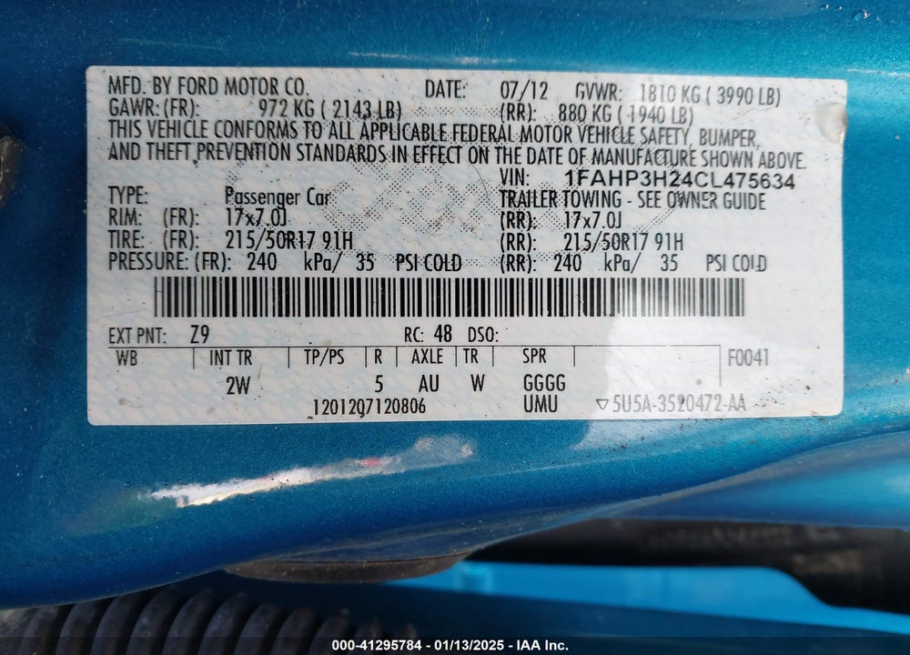 2012 FORD FOCUS VIN: 1FAHP3H24CL475634