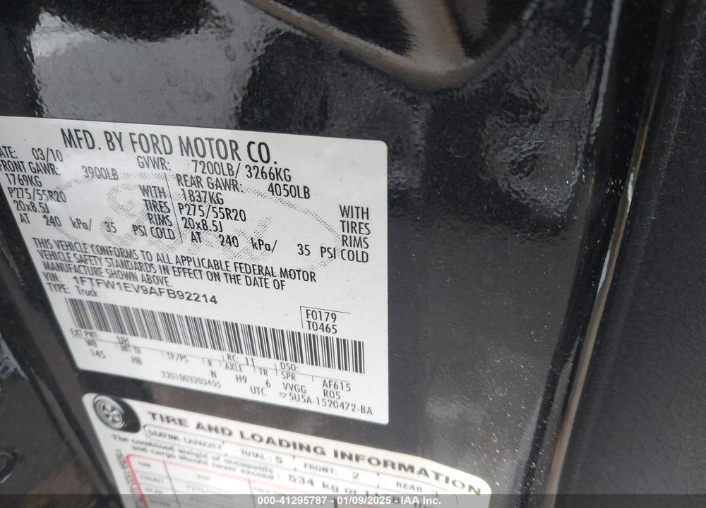 2010 FORD F-150 FX4/HARLEY-DAVIDSON/KING RANCH/LARIAT/PLATINUM/XL/XLT VIN: 1FTFW1EV9AFB92214