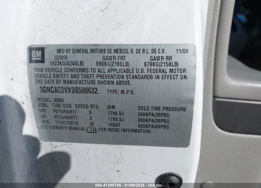 2009 CHEVROLET HHR LT VIN: 3GNCA53VX9S588632