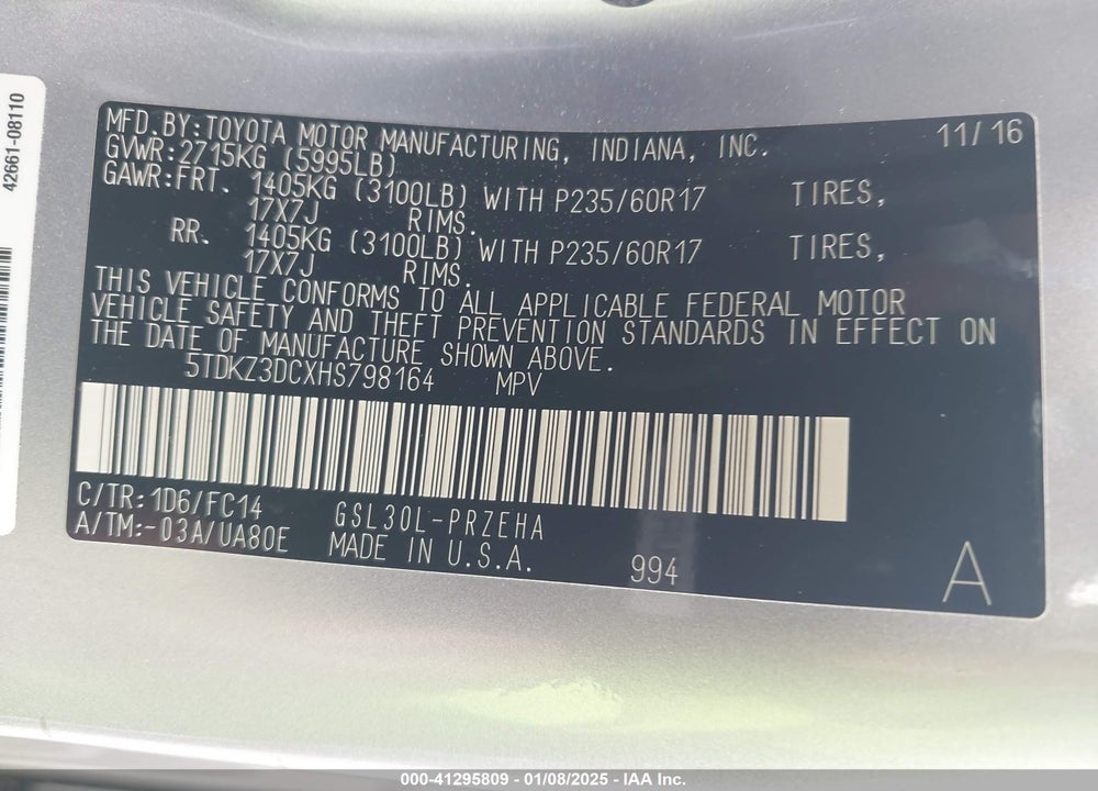 2017 TOYOTA SIENNA LE 8 PASSENGER VIN: 5TDKZ3DCXHS798164
