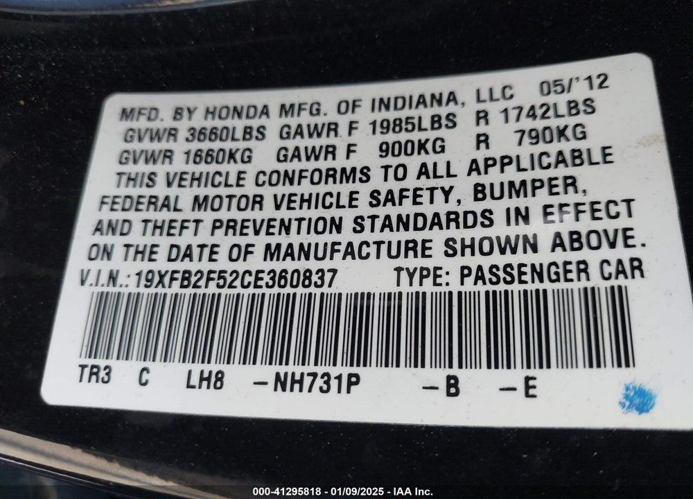 2012 HONDA CIVIC SDN LX VIN: 19XFB2F52CE360837