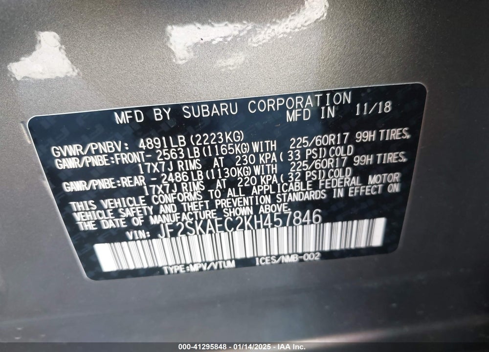 2019 SUBARU FORESTER PREMIUM VIN: JF2SKAEC2KH457846