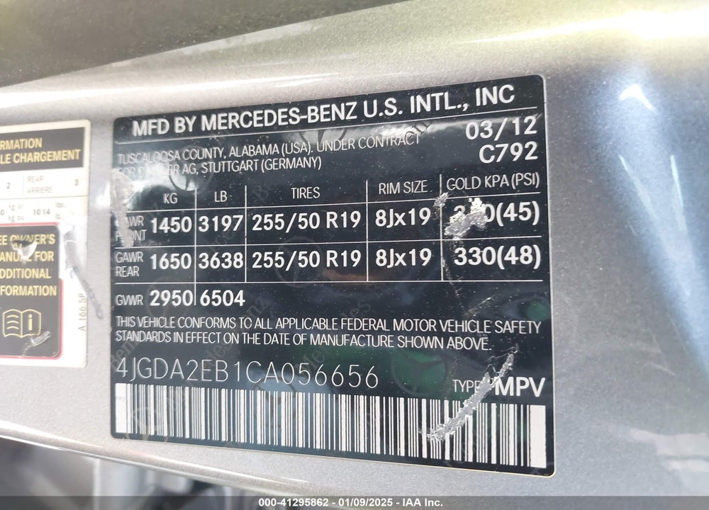 2012 MERCEDES-BENZ ML 350 BLUETEC 4MATIC VIN: 4JGDA2EB1CA056656