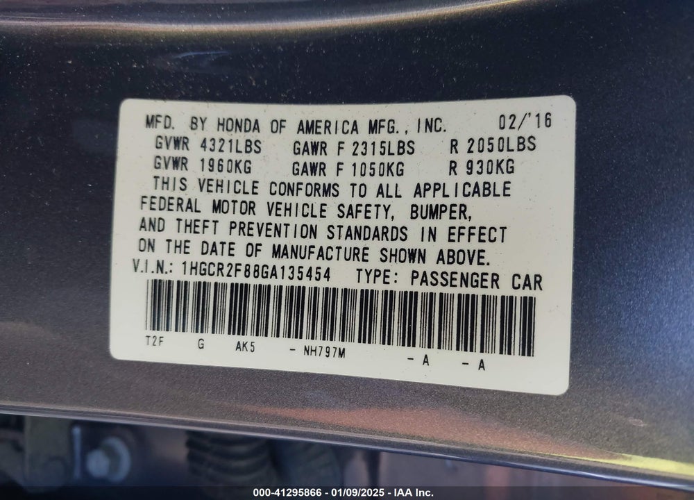 2016 HONDA ACCORD VIN: 1HGCR2F88GA135454