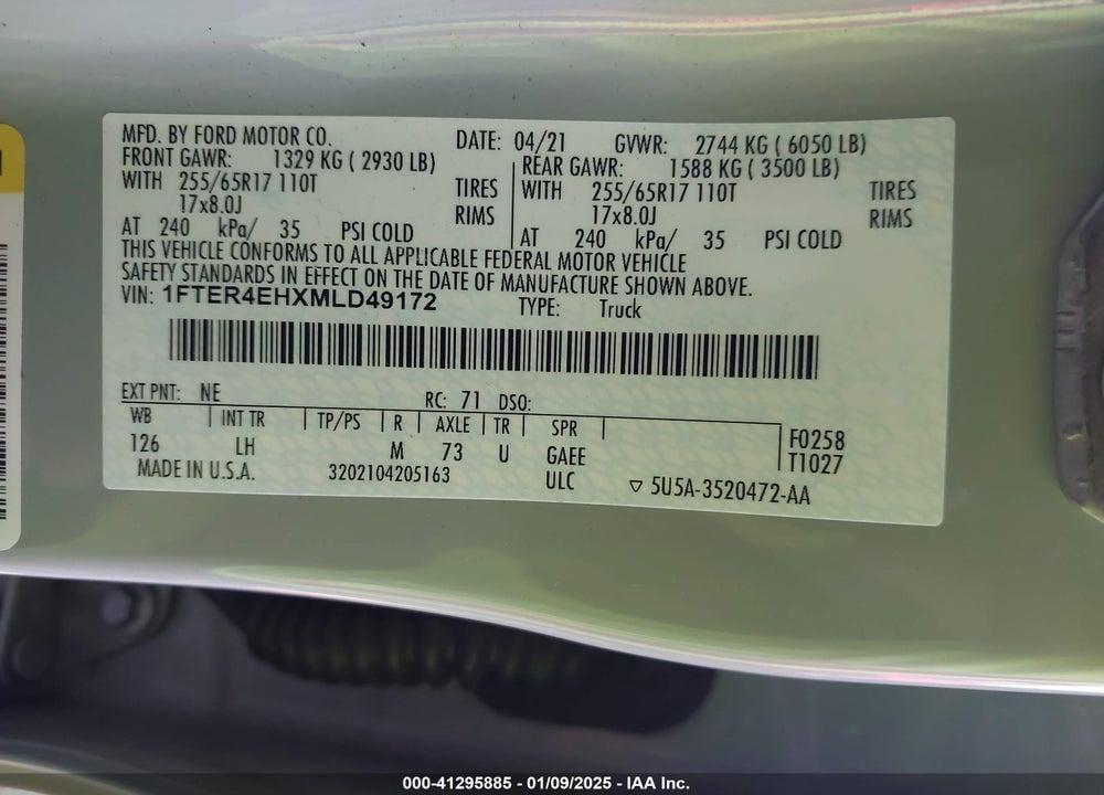 2021 FORD RANGER XLT VIN: 1FTER4EHXMLD49172