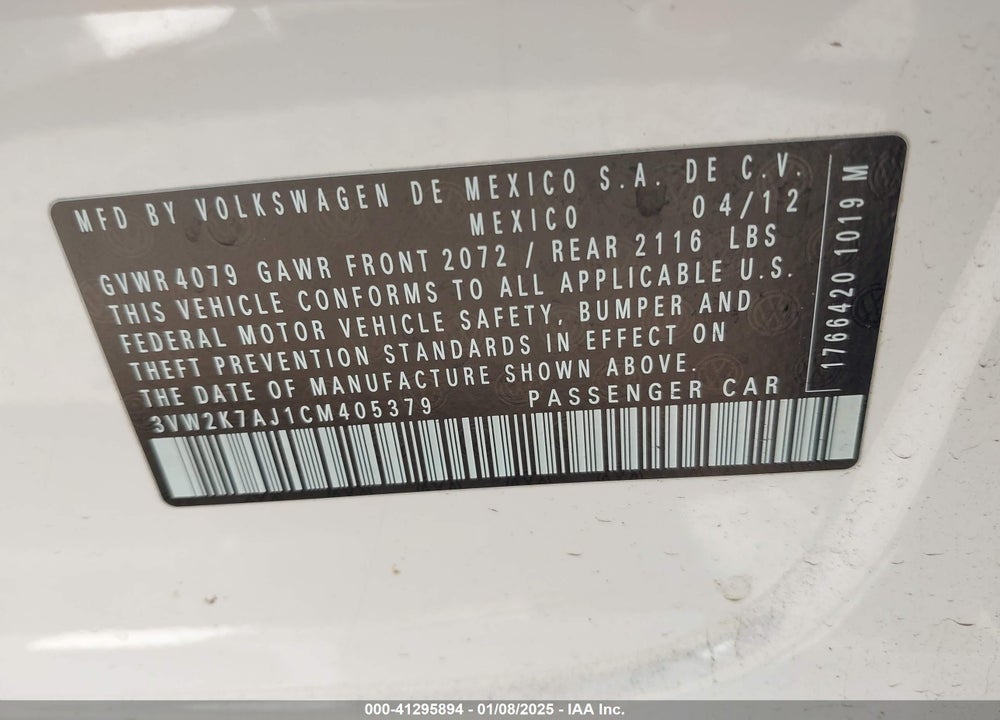 2012 VOLKSWAGEN JETTA 2.0L S VIN: 3VW2K7AJ1CM405379