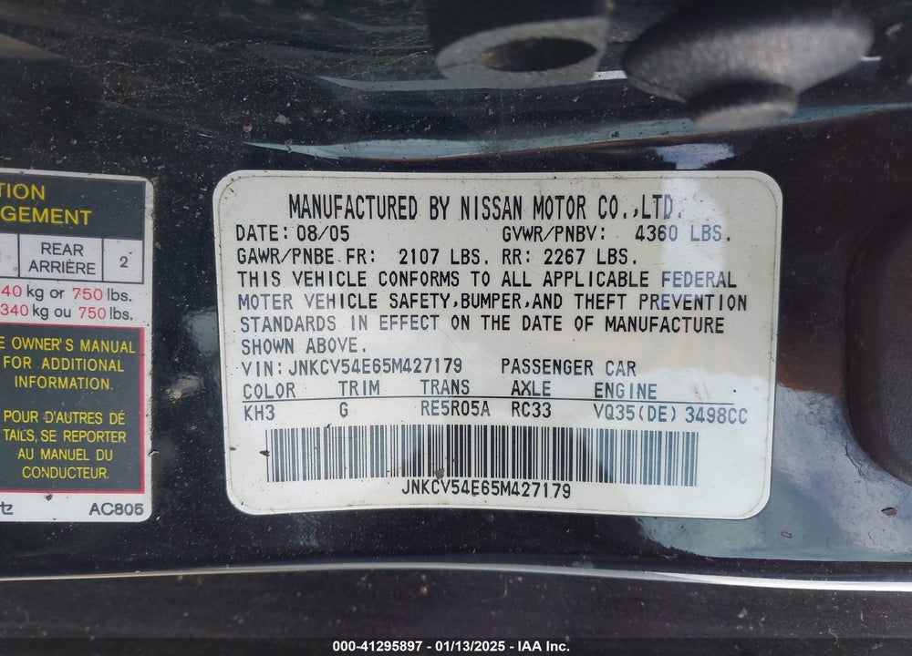 2005 INFINITI G35 VIN: JNKCV54E65M427179