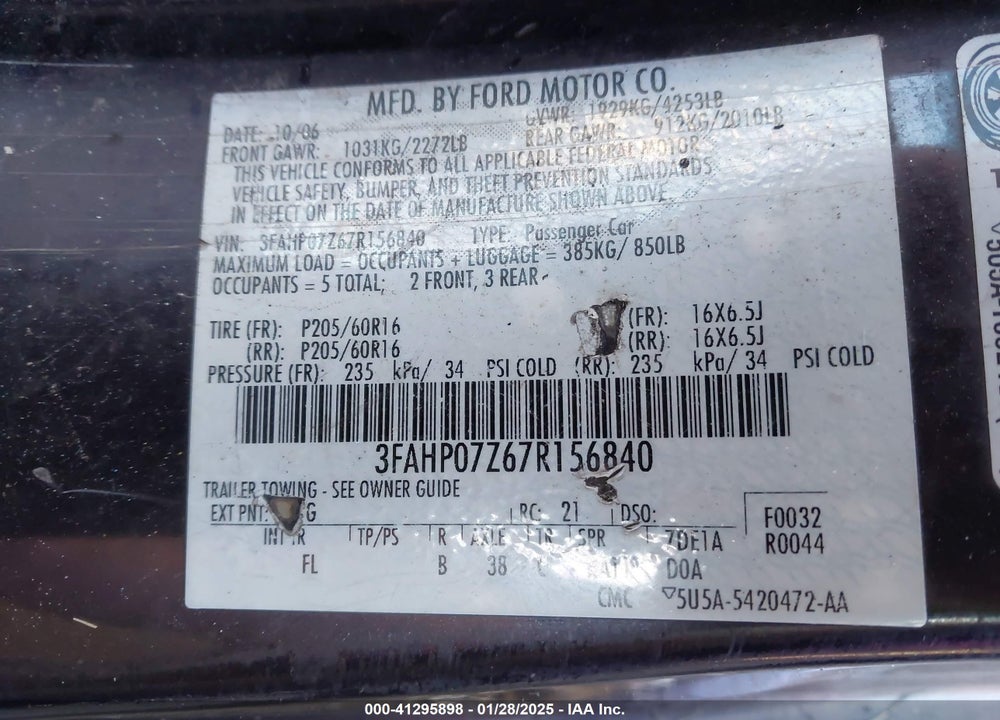 2007 FORD FUSION SE VIN: 3FAHP07Z67R156840