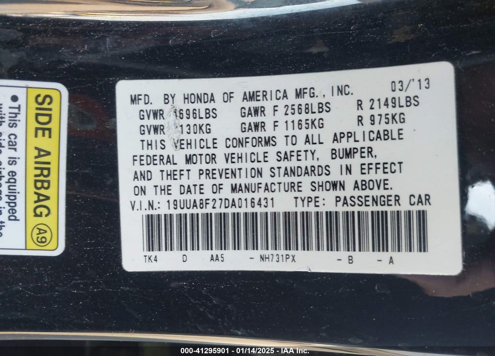 2013 ACURA TL VIN: 19UUA8F27DA016431