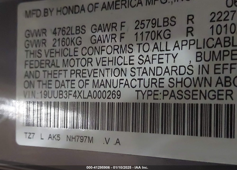 2020 ACURA TLX VIN: 19UUB3F4XLA000269
