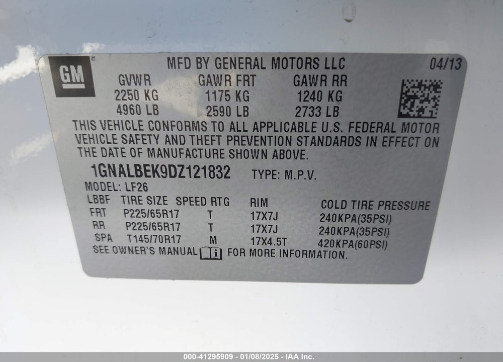 2013 CHEVROLET EQUINOX LS VIN: 1GNALBEK9DZ121832