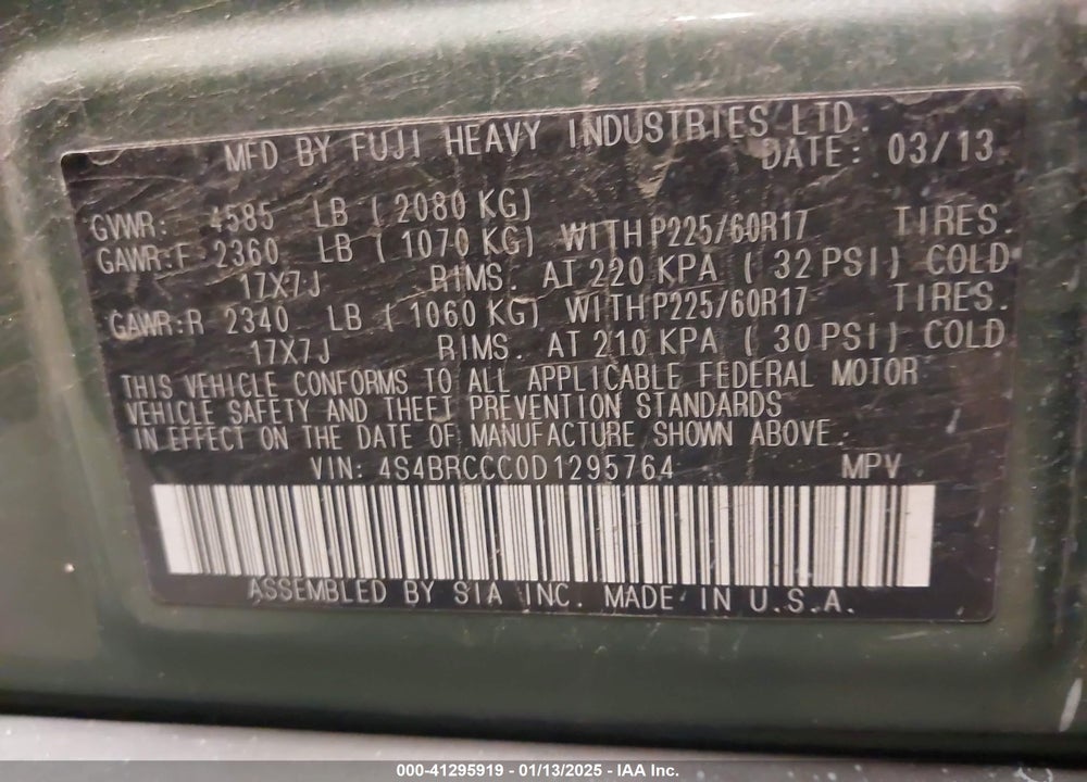 2013 SUBARU OUTBACK 2.5I PREMIUM VIN: 4S4BRCCC0D1295764