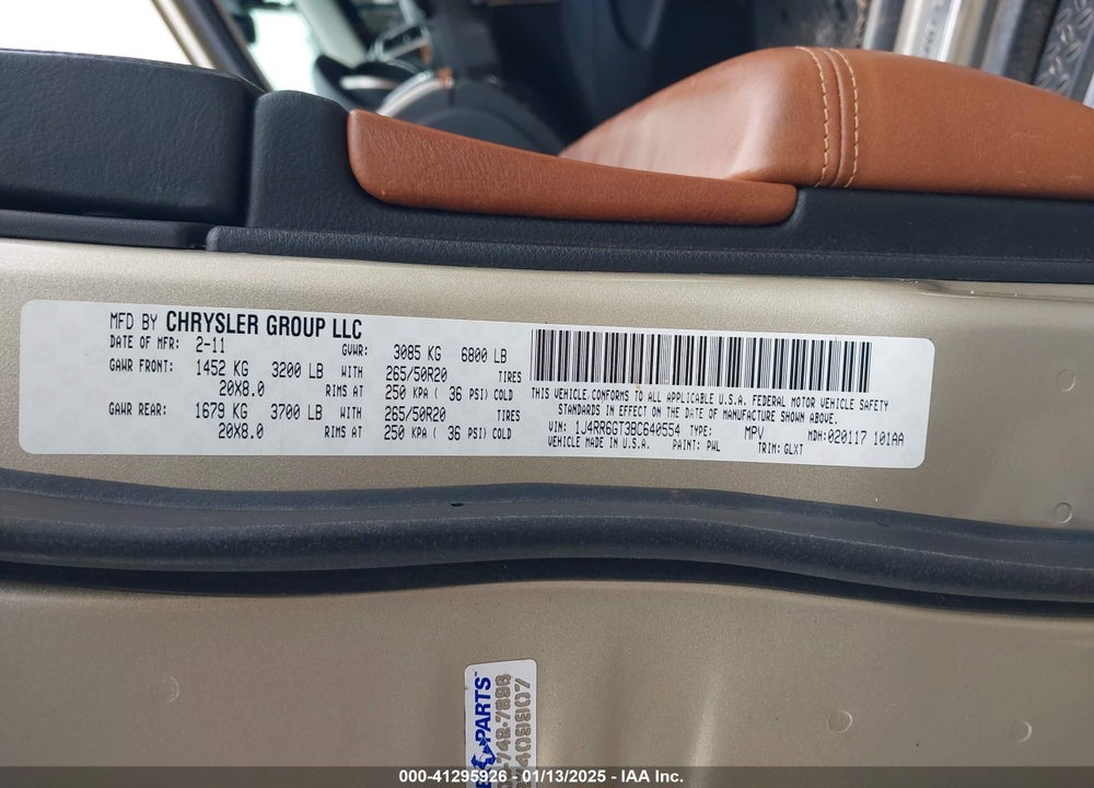 2011 JEEP GRAND CHEROKEE OVERLAND VIN: 1J4RR6GT3BC640554