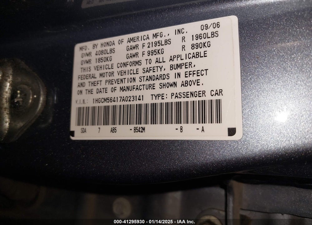 2007 HONDA ACCORD 2.4 LX VIN: 1HGCM56417A023141