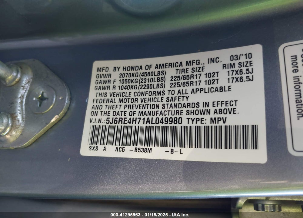 2010 HONDA CR-V EX-L VIN: 5J6RE4H71AL049980
