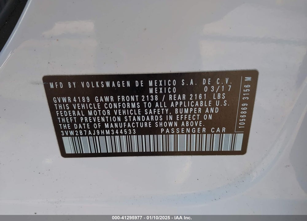 2017 VOLKSWAGEN JETTA 1.4T S VIN: 3VW2B7AJ9HM344533