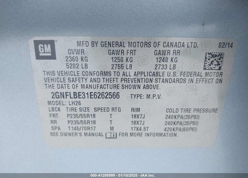 2014 CHEVROLET EQUINOX 1LT VIN: 2GNFLBE31E6262566