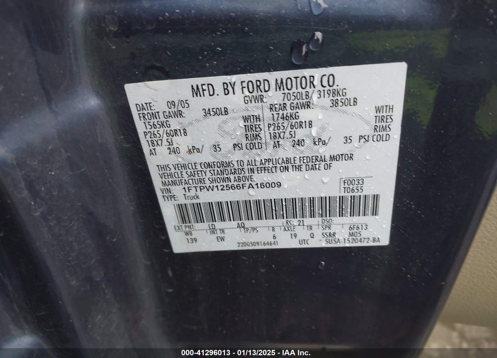 2006 FORD F-150 LARIAT/XLT VIN: 1FTPW12566FA16009