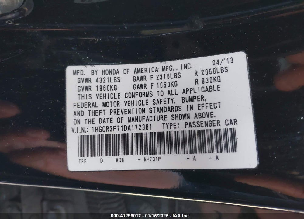 2013 HONDA ACCORD VIN: 1HGCR2F71DA172381