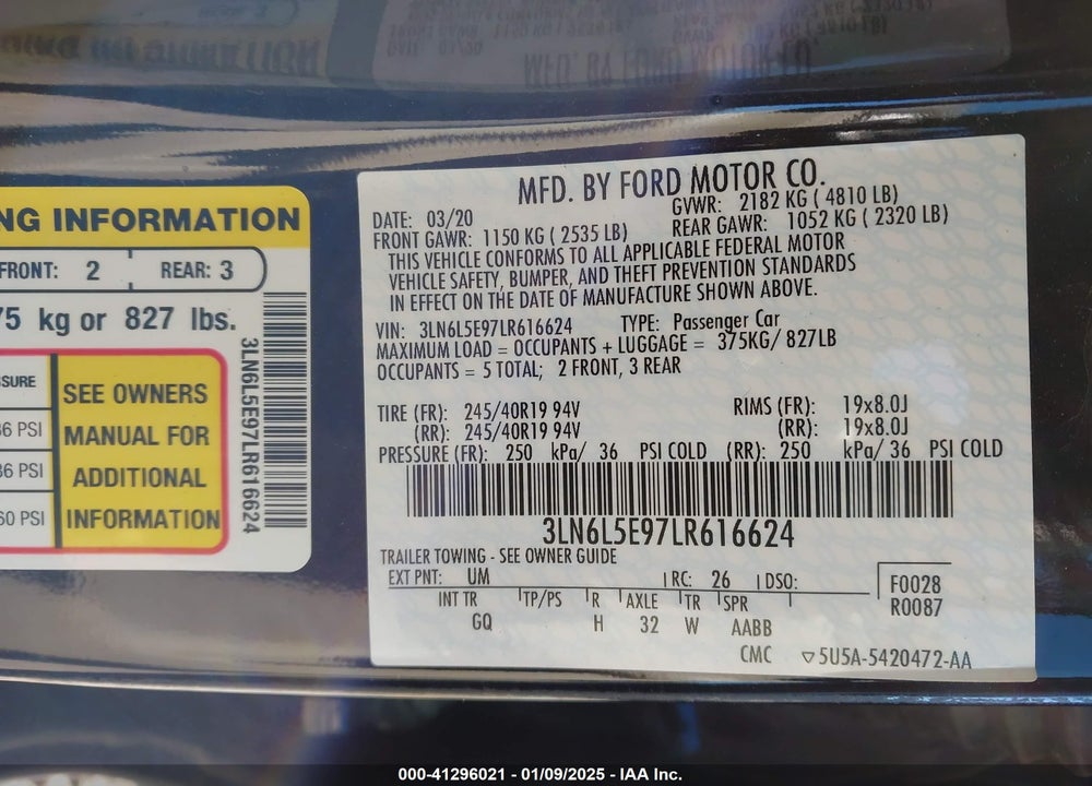 2020 LINCOLN MKZ VIN: 3LN6L5E97LR616624