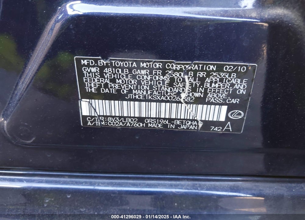 2010 LEXUS GS 350 BASE (A6) VIN: JTHCE1KSXA0026382