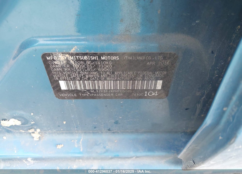2017 MITSUBISHI MIRAGE G4 VIN: ML32F3FJXHHF05085