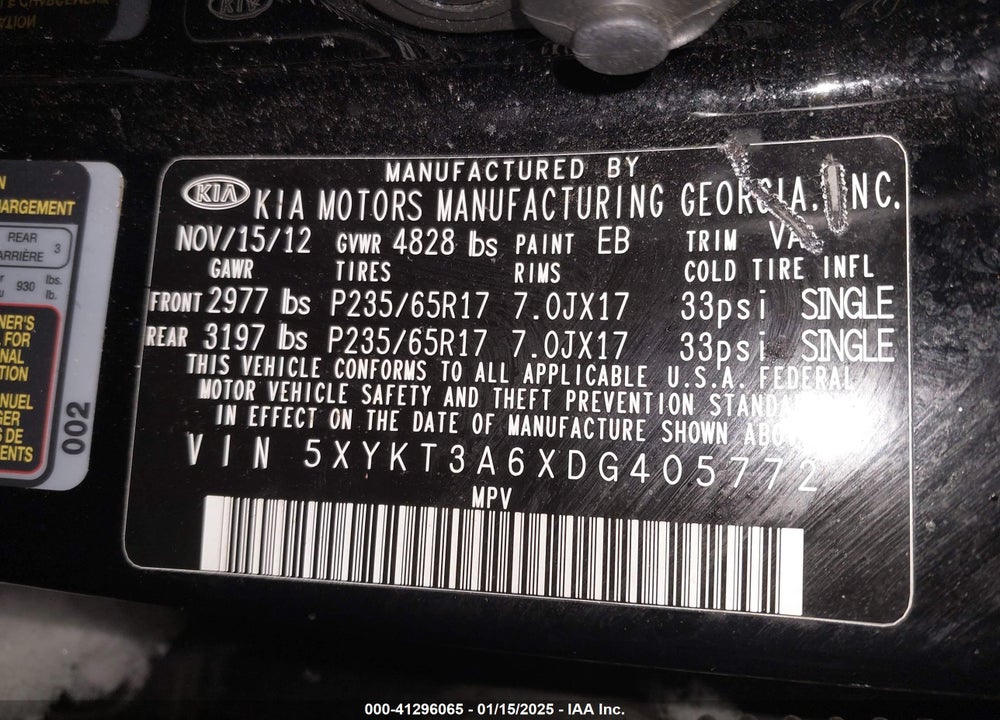 2013 KIA SORENTO LX VIN: 5XYKT3A6XDG405772