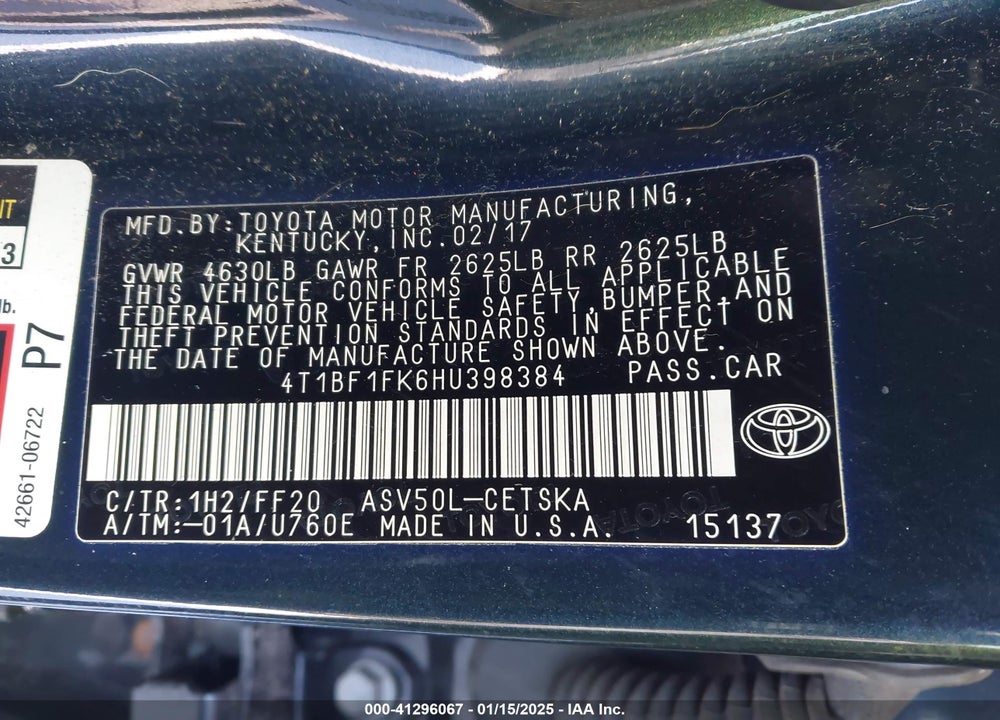2017 TOYOTA CAMRY VIN: 4T1BF1FK6HU398384