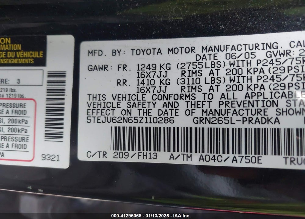 2005 TOYOTA TACOMA PRERUNNER V6 VIN: 5TEJU62N65Z110286