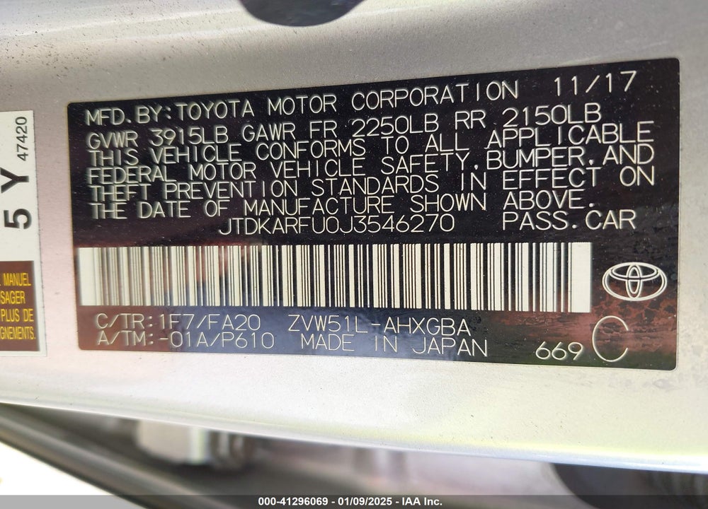 2018 TOYOTA PRIUS VIN: JTDKARFU0J3546270