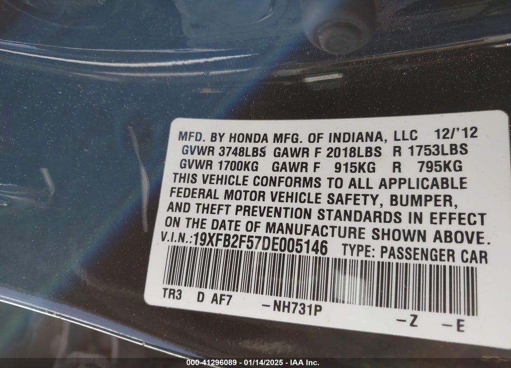 2013 HONDA CIVIC VIN: 19XFB2F57DE005146