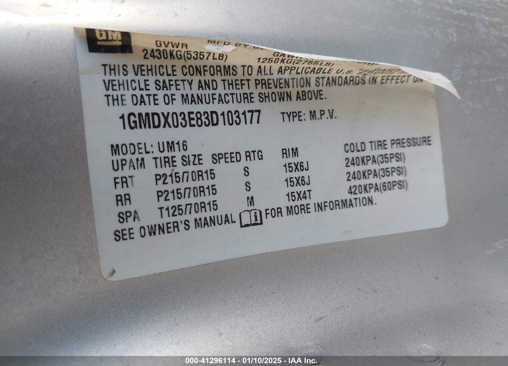 2003 PONTIAC MONTANA M16 W/1SA PKG. VIN: 1GMDX03E83D103177