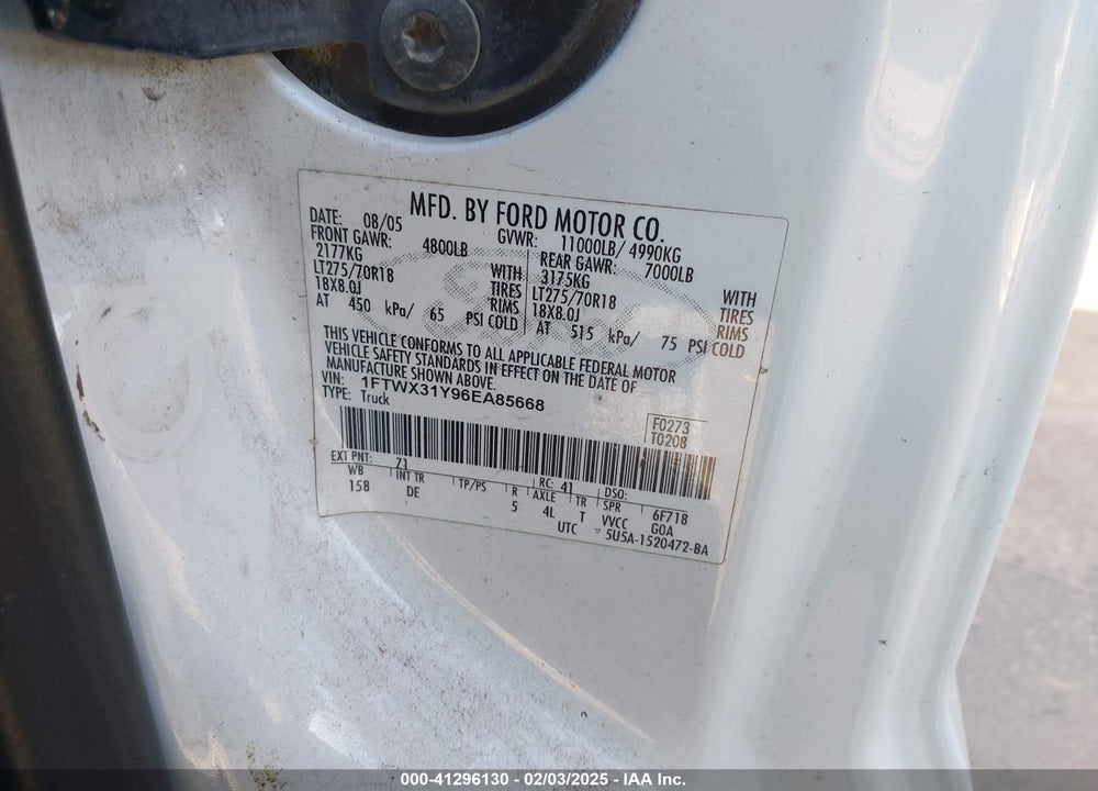 2006 FORD F-350 LARIAT/XL/XLT VIN: 1FTWX31Y96EA85668