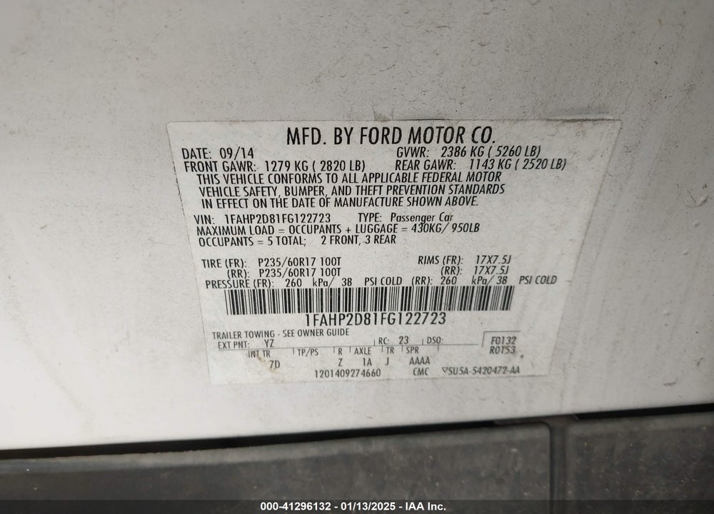 2015 FORD TAURUS VIN: 1FAHP2D81FG122723