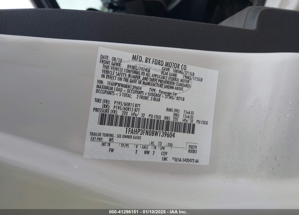 2011 FORD FOCUS SE VIN: 1FAHP3FN0BW139604