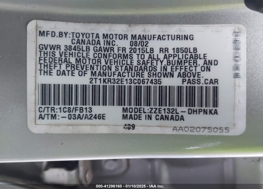 2003 TOYOTA MATRIX/XR VIN: 2T1KR32E13C067435