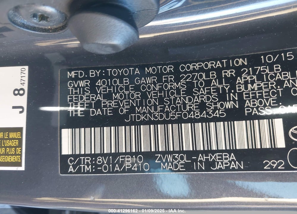 2015 TOYOTA PRIUS TWO VIN: JTDKN3DU5F0484345