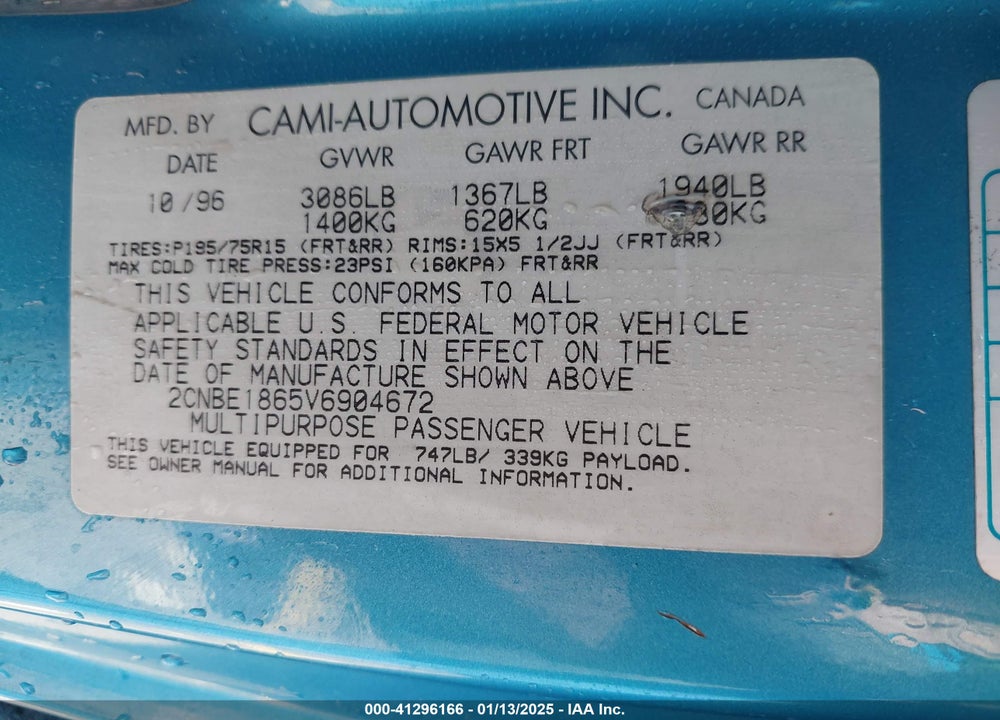 1997 GEO TRACKER SOFTTOP VIN: 2CNBE1865V6904672