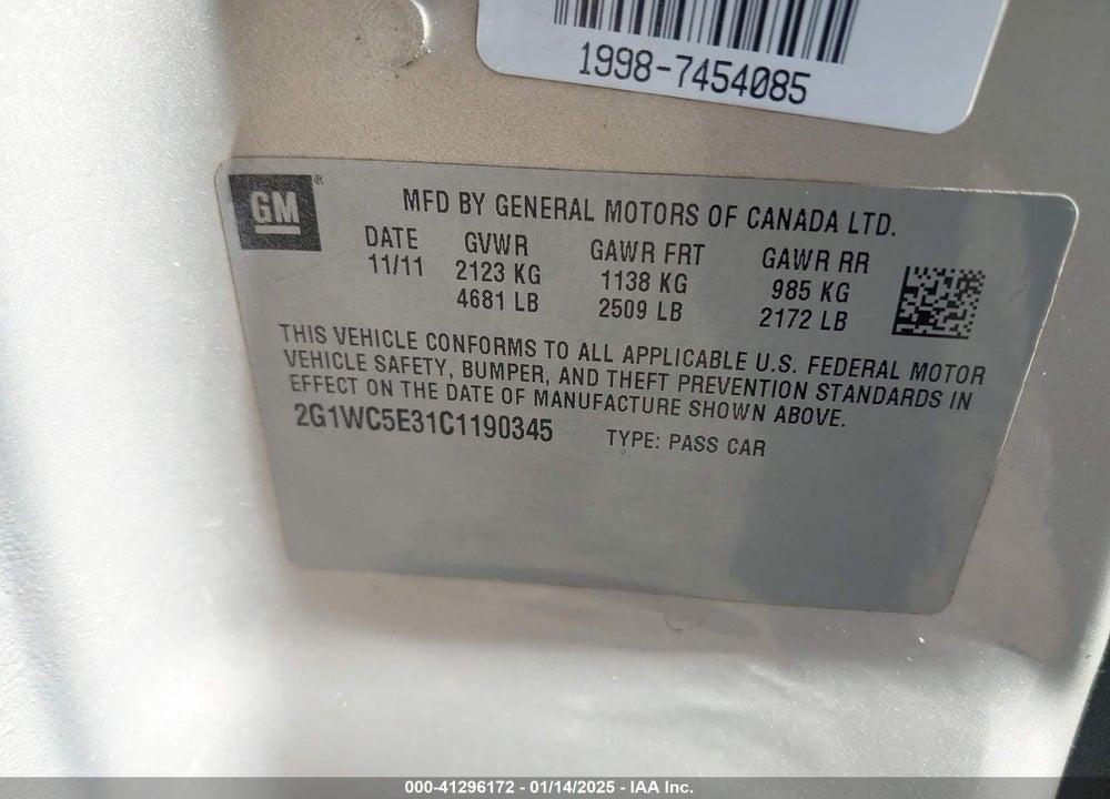 2012 CHEVROLET IMPALA LTZ VIN: 2G1WC5E31C1190345