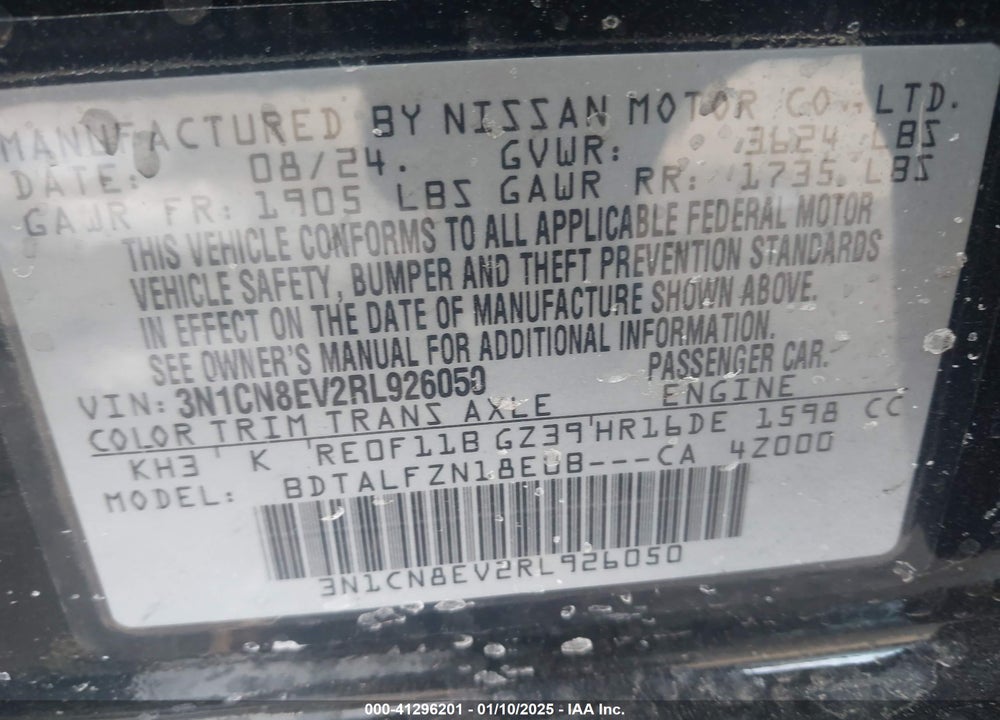 2024 NISSAN VERSA VIN: 3N1CN8EV2RL926050