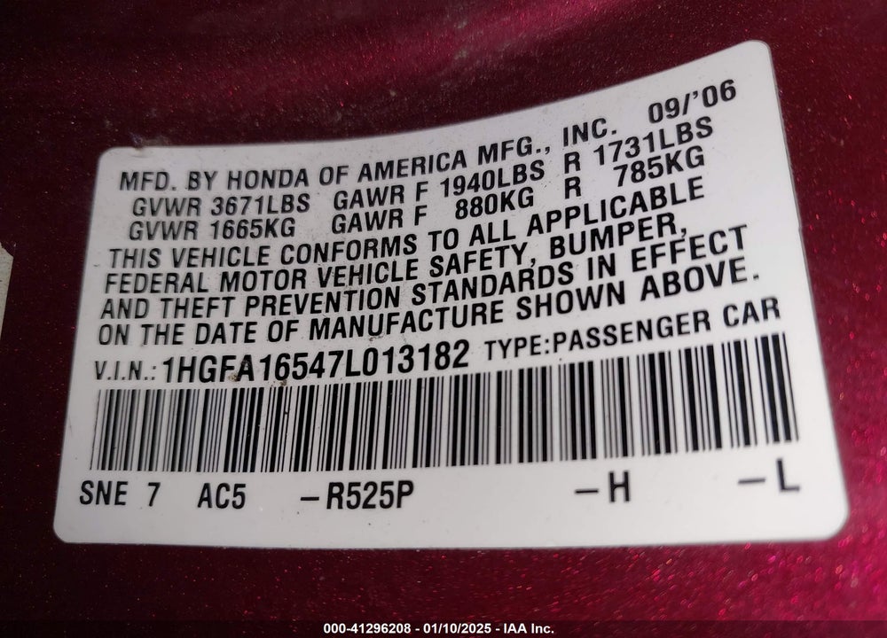 2007 HONDA CIVIC LX VIN: 1HGFA16547L013182