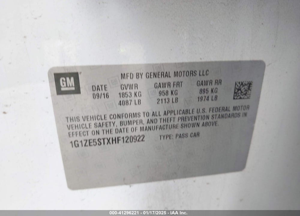2017 CHEVROLET MALIBU 1LT VIN: 1G1ZE5STXHF120922
