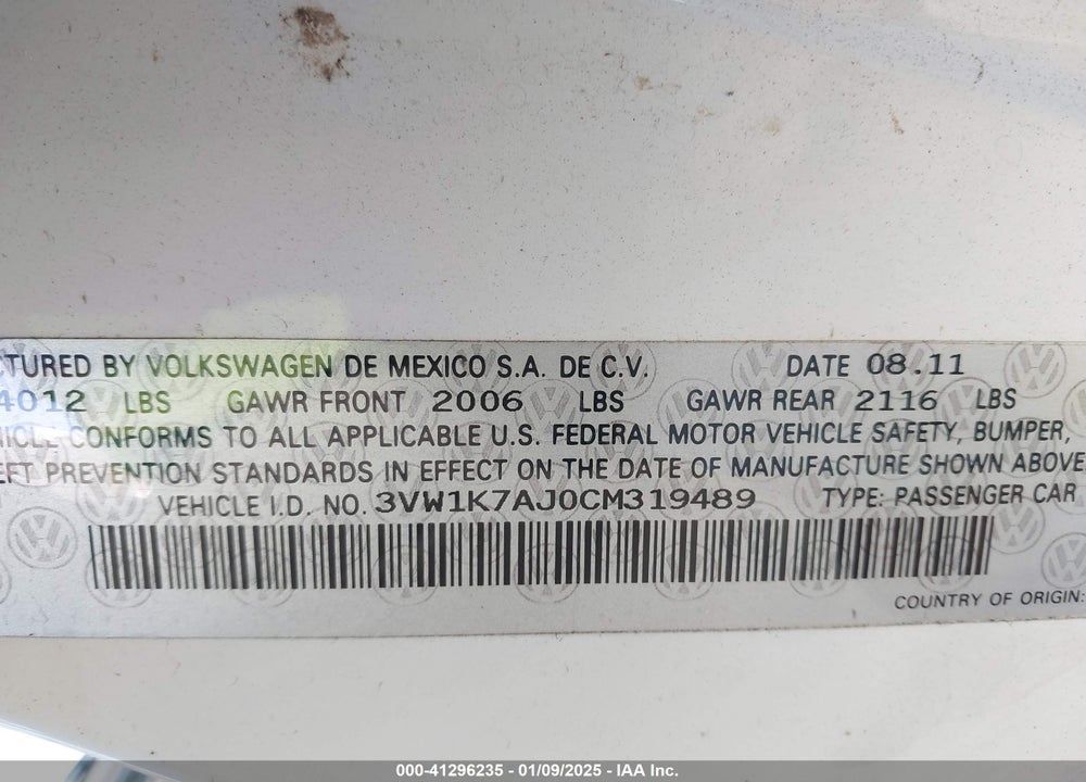 2012 VOLKSWAGEN JETTA 2.0L S VIN: 3VW1K7AJ0CM319489
