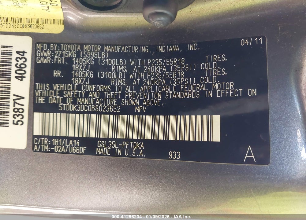 2011 TOYOTA SIENNA XLE LIMITED VIN: 5TDDK3DC0BS023652
